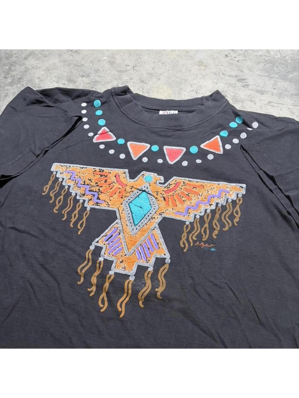 Vintage Native Thunderbird Graphic Tee Black Single Stitch Style Shirt Size L